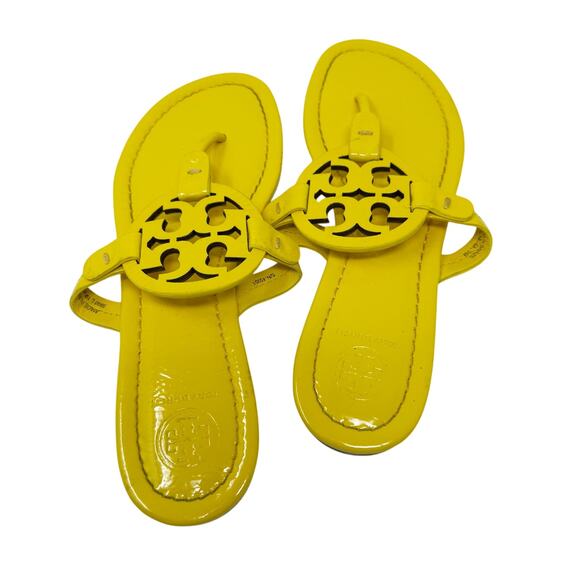 TORY BURCH Yellow Patent Leather Naplak Miller Logo Sandals Slides Flip Flops 7 - Picture 3 of 8